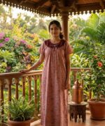 Traditional Cotton Nighty, 55 Inches Length, Round Neck with Hacoba Yoke - Onion Pink - Image 2