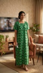 Front Open Cotton Nighty With Buttons, 57 Inches - Green - Image 3