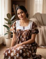 Front Open Chungudi Nighty With Buttons, 55 Inches, Hakoba Yoke- Green Shade