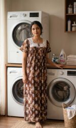 Front Open Chungudi Nighty With Buttons, 55 Inches, Hakoba Yoke- Green Shade - Image 2