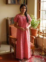 Traditional Cotton Nighty with Pleats, 55 Inches Length - Peach - Image 2