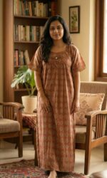 Traditional cotton nighty, 57 Inches Long - Maroon - Image 2