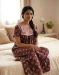 Front Open Cotton Nighty With Buttons, 55 Inches Long -  Brown