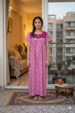 Front Open Cotton Nighty With Buttons, 55 Inches Long -  Rose - Image 2