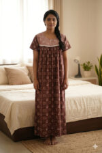 Front Open Cotton Nighty With Buttons, 55 Inches Long -  Brown - Image 2