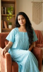 Front Open Cotton Nighty With Buttons, 57 Inches - Blue - Image 2