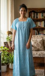 Front Open Cotton Nighty With Buttons, 57 Inches - Blue - Image 3