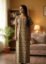 Front Open Cotton Nighty With Buttons, 57 Inches - Orange Green - Image 4