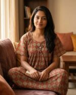 Traditional cotton nighty, 57 Inches Long - Maroon - Image 3