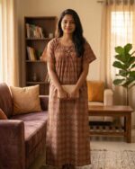 Traditional cotton nighty, 57 Inches Long - Maroon - Image 5