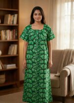 Front Open Cotton Nighty With Buttons, 57 Inches - Green - Image 4