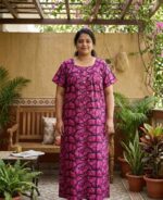 Front Open Cotton Nighty With Buttons, 57 Inches - Rose - Image 4