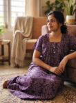 Front Open Cotton Nighty With Buttons, 55 Inches - Grape Vine