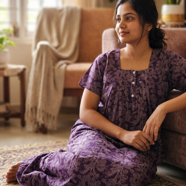 Front Open Cotton Nighty With Buttons, 55 Inches - Grape Vine