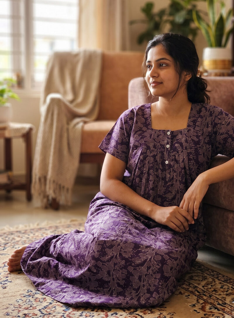 A1 Front Open Cotton Nighty With Buttons, 55 Inches - Grape Vine - Image 1