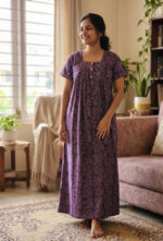 Front Open Cotton Nighty With Buttons, 55 Inches - Grape Vine - Image 2
