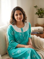 Churidar Model Cotton Nighty with Buttons, 55 Inches Long, 3/4th Sleeves - Blue