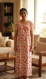 Front Open Cotton Nighty with Buttons, 55 Inches - Peach With White Flowers - Image 2