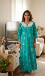 Churidar Model Cotton Nighty with Buttons, 55 Inches Long, 3/4th Sleeves - Blue - Image 2