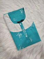 Churidar Model Cotton Nighty with Buttons, 55 Inches Long, 3/4th Sleeves - Blue - Image 3