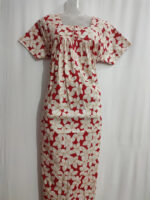 Front Open Cotton Nighty with Buttons, 55 Inches - Peach With White Flowers - Image 4