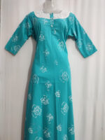 Churidar Model Cotton Nighty with Buttons, 55 Inches Long, 3/4th Sleeves - Blue - Image 4