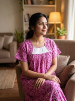 Traditional Cotton Nighty, Hacoba Yoke, 55 Inches Length - Rose