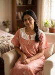 Churidar Model Cotton Nighty with Buttons, Hacoba Yoke,57 Inches Long - Light Peach