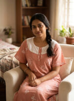 Churidar Model Cotton Nighty with Buttons, Hacoba Yoke,57 Inches Long - Light Peach