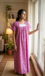 Traditional Cotton Nighty, Hacoba Yoke, 55 Inches Length - Rose - Image 2