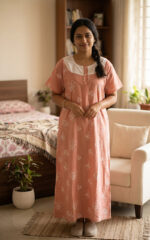 Churidar Model Cotton Nighty with Buttons, Hacoba Yoke,57 Inches Long - Light Peach - Image 2