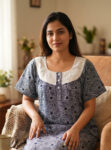 Churidar Model Cotton Nighty with Buttons, Hacoba Yoke, 57 Inches Long - Blue