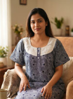 Churidar Model Cotton Nighty with Buttons, Hacoba Yoke, 57 Inches Long - Blue