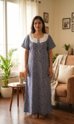 Churidar Model Cotton Nighty with Buttons, Hacoba Yoke, 57 Inches Long - Blue - Image 2