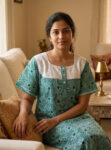 Churidar Model Cotton Nighty with Buttons, Hacoba Yoke, 57 Inches Long - Green