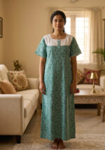 Churidar Model Cotton Nighty with Buttons, Hacoba Yoke, 57 Inches Long - Green - Image 2