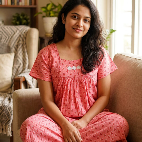 Traditional Cotton Nighty, 55 Inches Length - Peach