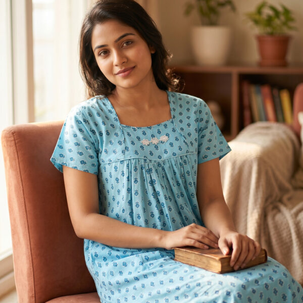Traditional Cotton Nighty, 55 Inches Length - Blue