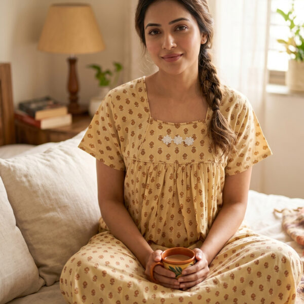 Traditional Cotton Nighty, 55 Inches Length - Yellow