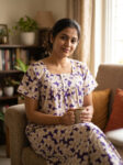 Front Open Cotton Nighty with Buttons, 55 Inches - Violet With White Flowers