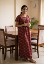 Front Open Cambric Cotton Nighty with Buttons, 55 Inches - Maroon - Image 2