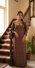 Churidar Model Ajrakh Cotton Nighty with Buttons, Hacoba Yoke, 3/4th Sleeves, 55 Inches Long - Maroon - Image 2
