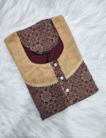 Churidar Model Ajrakh Cotton Nighty with Buttons, Hacoba Yoke, 3/4th Sleeves, 55 Inches Long - Maroon - Image 3