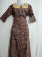 Churidar Model Ajrakh Cotton Nighty with Buttons, Hacoba Yoke, 3/4th Sleeves, 55 Inches Long - Maroon - Image 4