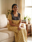 Front Open Cotton Nighty with Buttons, 55 Inches - Yellow + Dark Blue