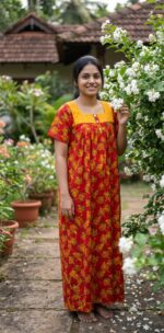 Front Open Cotton Nighty with Buttons, Hacoba Yoke, 55 Inches - Red - Image 2