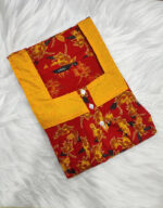Front Open Cotton Nighty with Buttons, Hacoba Yoke, 55 Inches - Red - Image 4