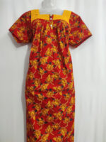Front Open Cotton Nighty with Buttons, Hacoba Yoke, 55 Inches - Red - Image 3