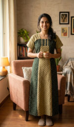 Churidar Model Cotton Nighty with Buttons, 55 Inches Long - Green + Cream - Image 2