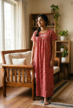 Traditional Cotton Nighty, 55 Inches Length - Red - Image 2